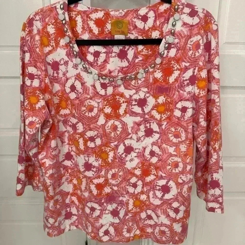 Ruby Road Large 3/4 sleeve Beads Rhinestones Jewels Neckline Pink Orange White
